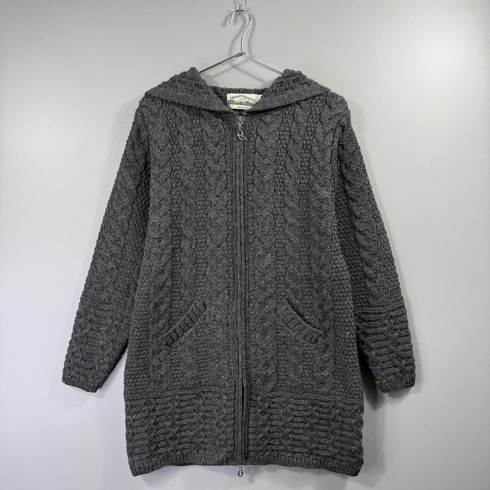 Aran Crafts Sweater Womens Small Gray Hooded Merino Wool Zip Cardigan Ireland